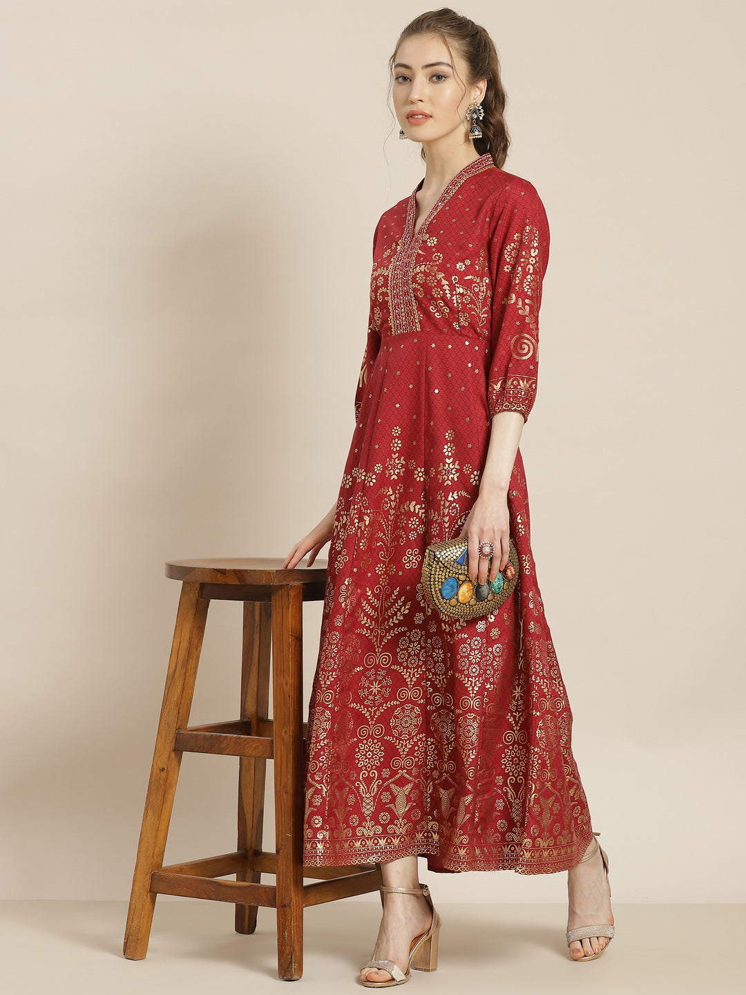 Juniper Womens Maroon Rayon Foil Printed Kalidar Maxi Dress With Mirror Embroidery - Distacart