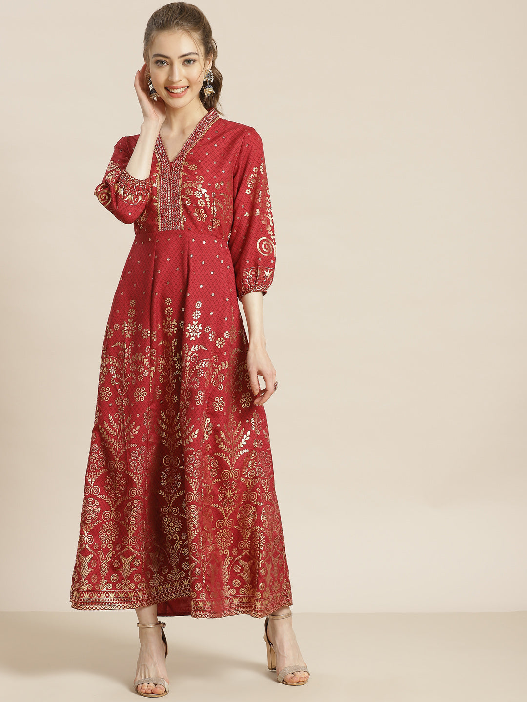 Juniper Womens Maroon Rayon Foil Printed Kalidar Maxi Dress With Mirror Embroidery - Distacart