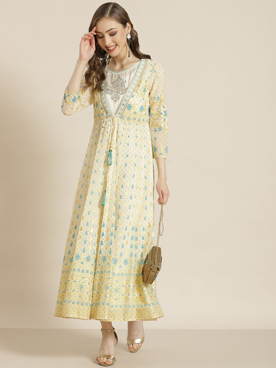 Juniper Women Ivory Georgette Printed Jacket Style Dress - Distacart