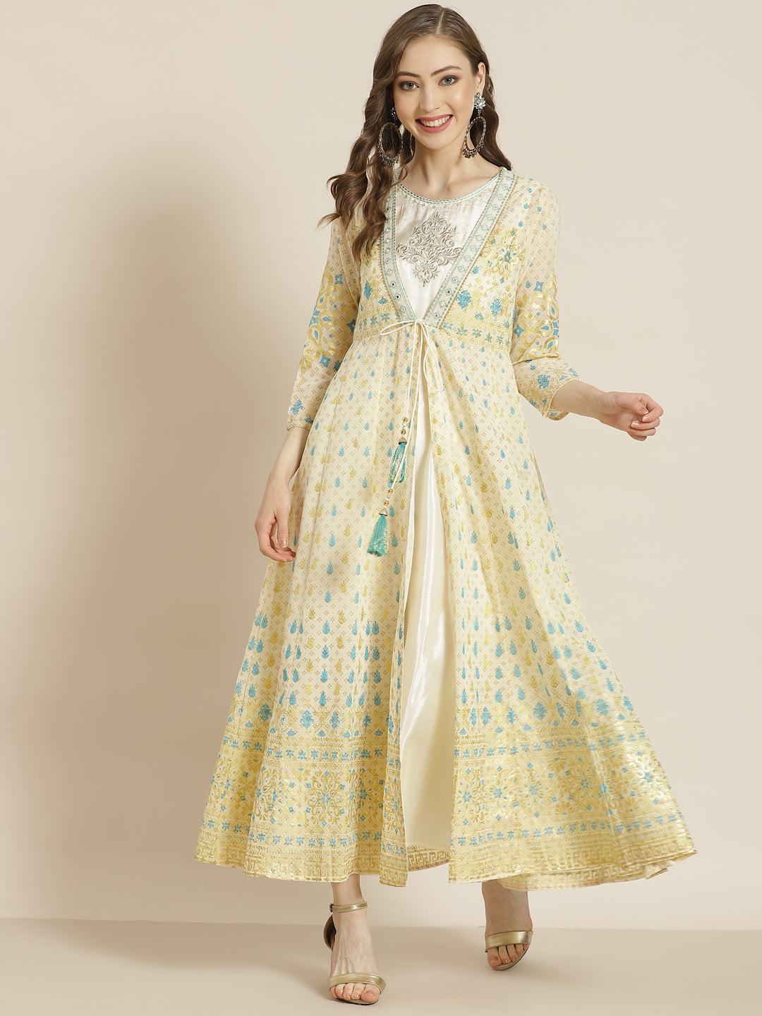 Juniper Women Ivory Georgette Printed Jacket Style Dress - Distacart