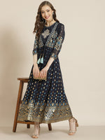 Thumbnail for Juniper Women Navyblue Georgette Printed Jacket Style Dress - Distacart