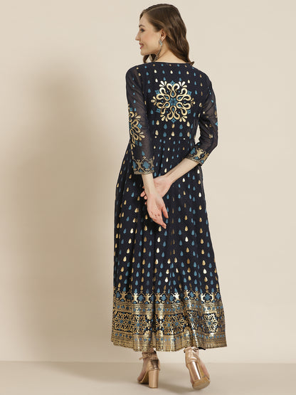 Juniper Women Navyblue Georgette Printed Jacket Style Dress - Distacart