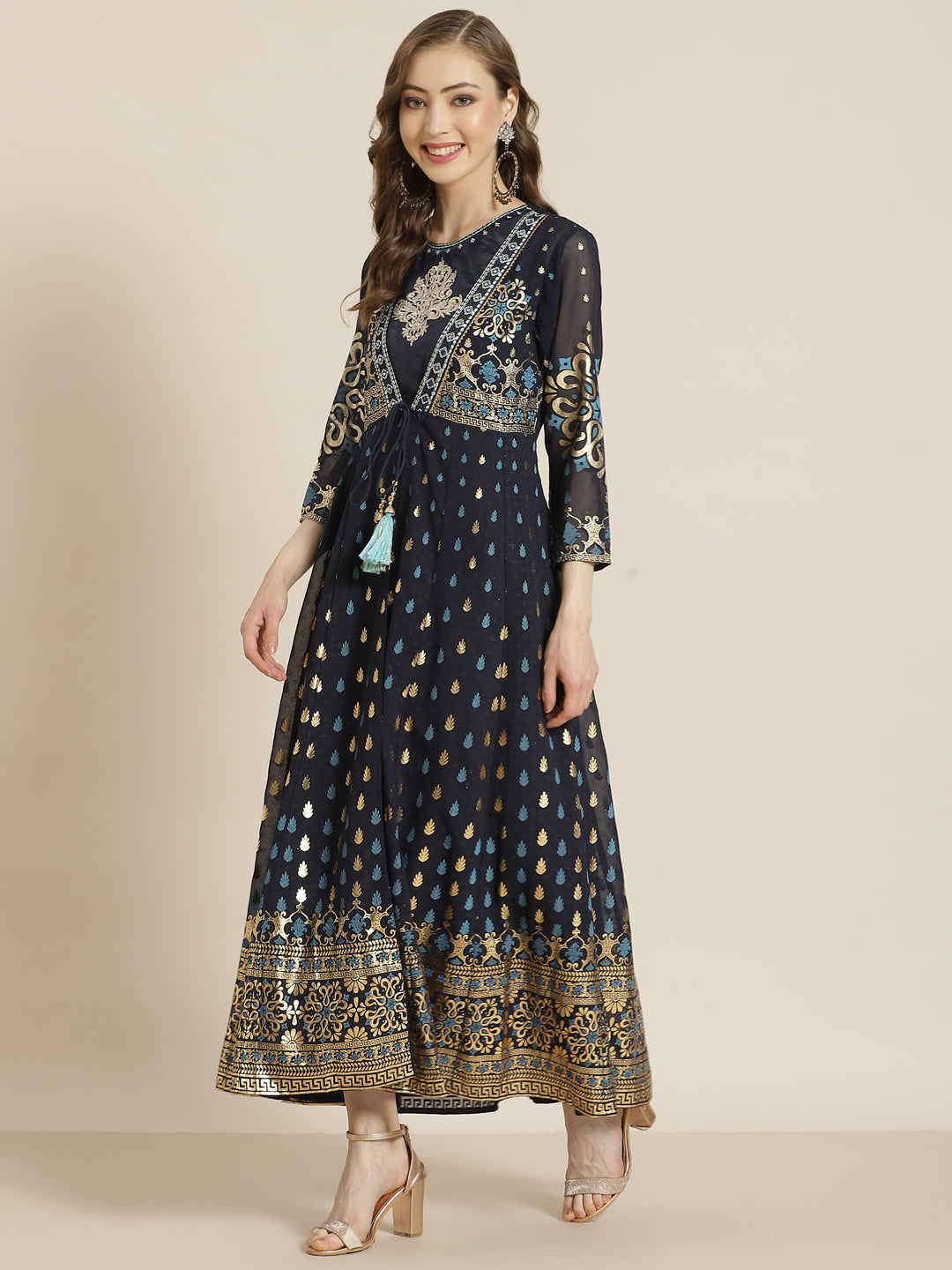 Juniper Women Navyblue Georgette Printed Jacket Style Dress - Distacart