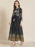 Thumbnail for Juniper Women Navyblue Georgette Printed Jacket Style Dress - Distacart
