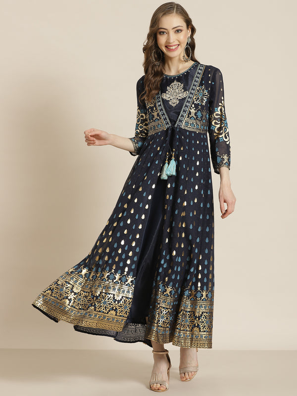 Juniper Women Navyblue Georgette Printed Jacket Style Dress - Distacart