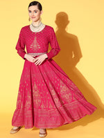 Thumbnail for Juniper Women Fuchsia Rayon Printed Flared Dress - Distacart
