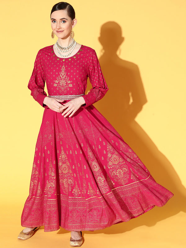Juniper Women Fuchsia Rayon Printed Flared Dress - Distacart