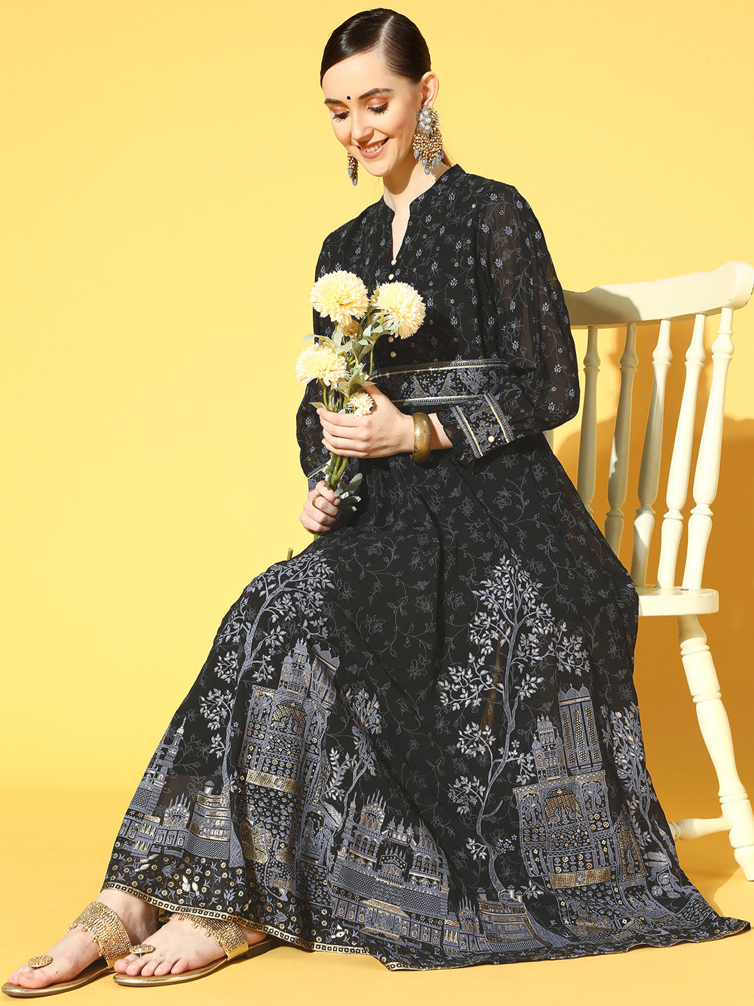 Juniper Women Black Georgette Printed Flared Dress - Distacart