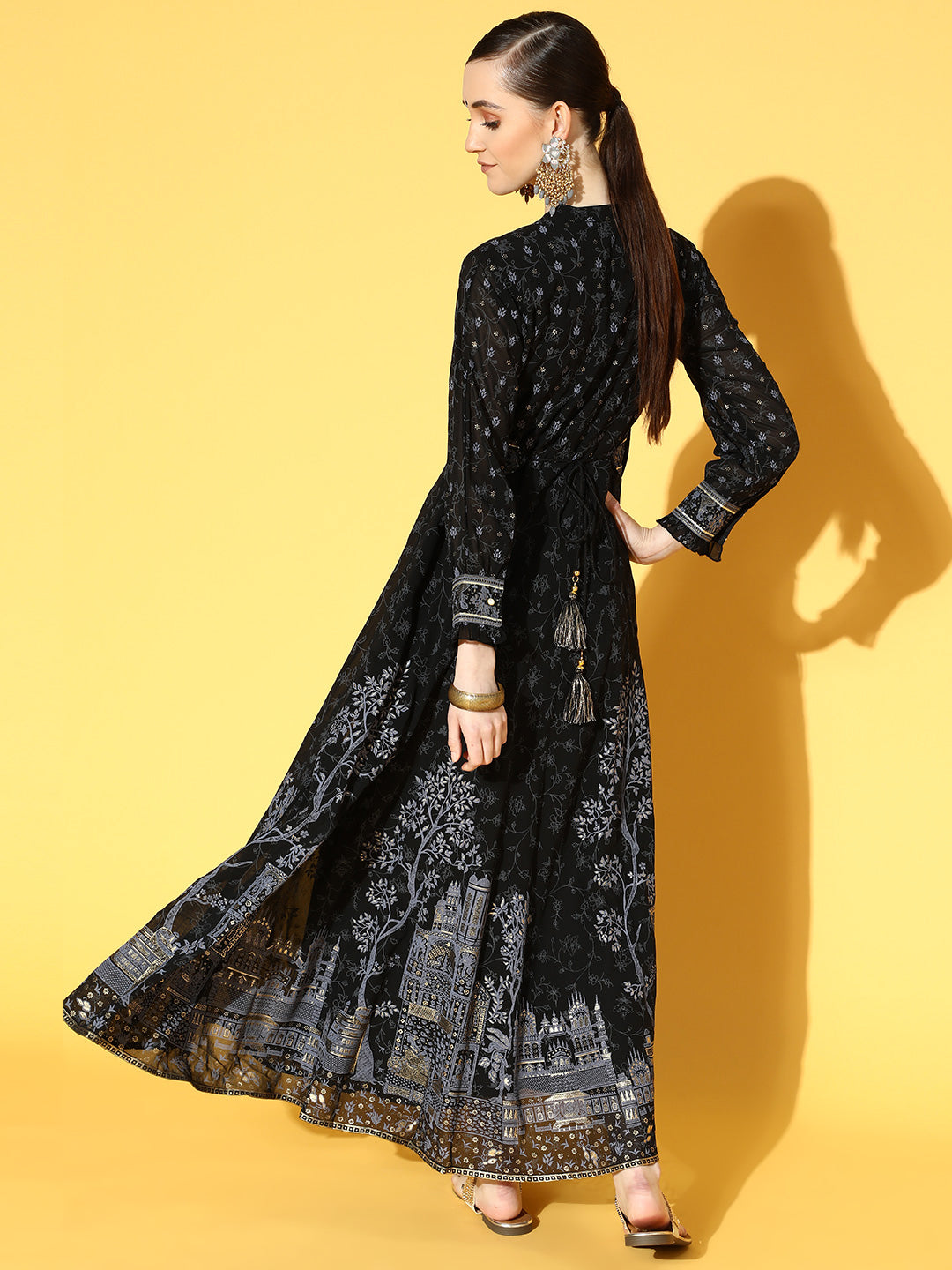 Juniper Women Black Georgette Printed Flared Dress - Distacart