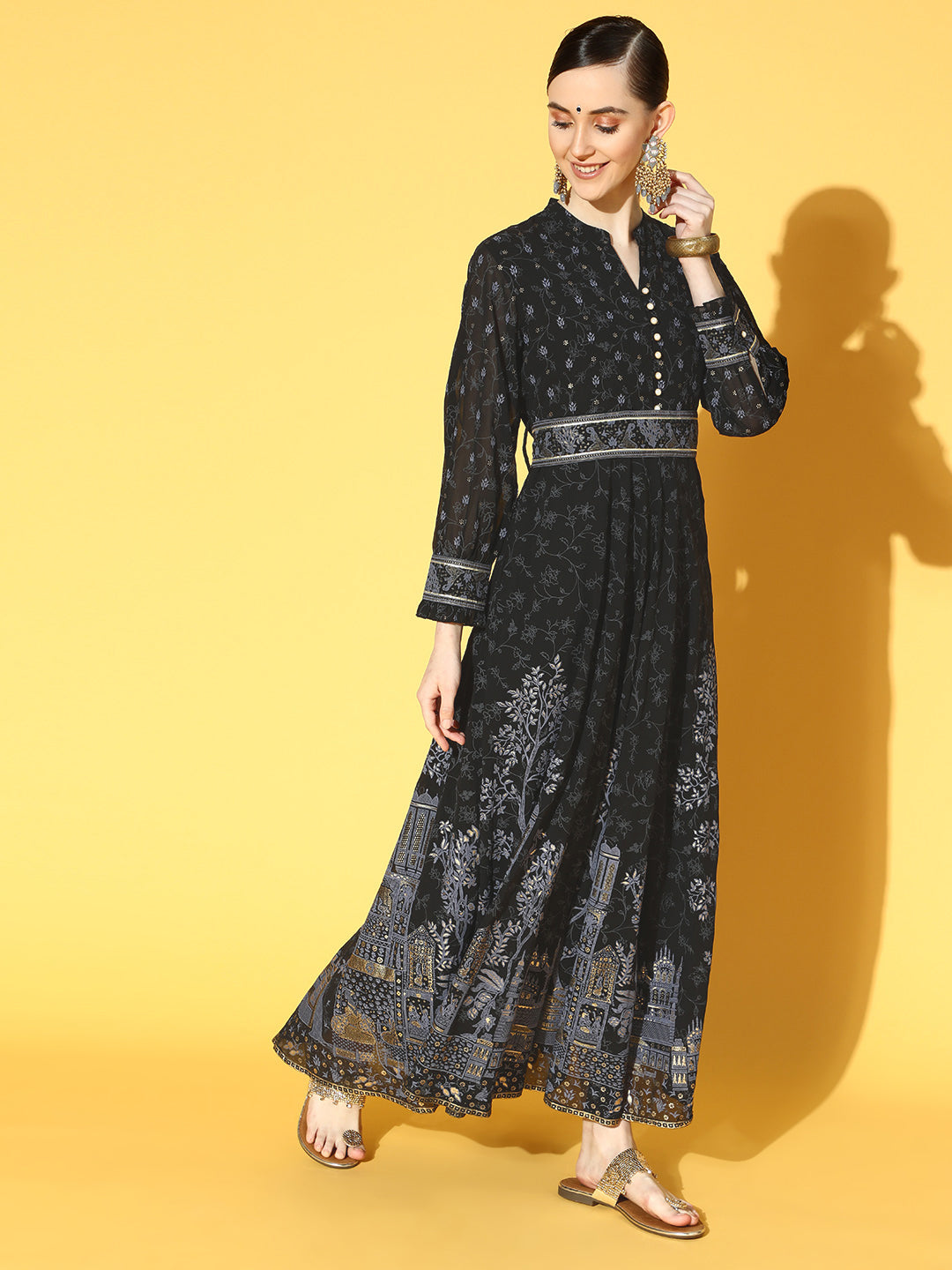 Juniper Women Black Georgette Printed Flared Dress - Distacart