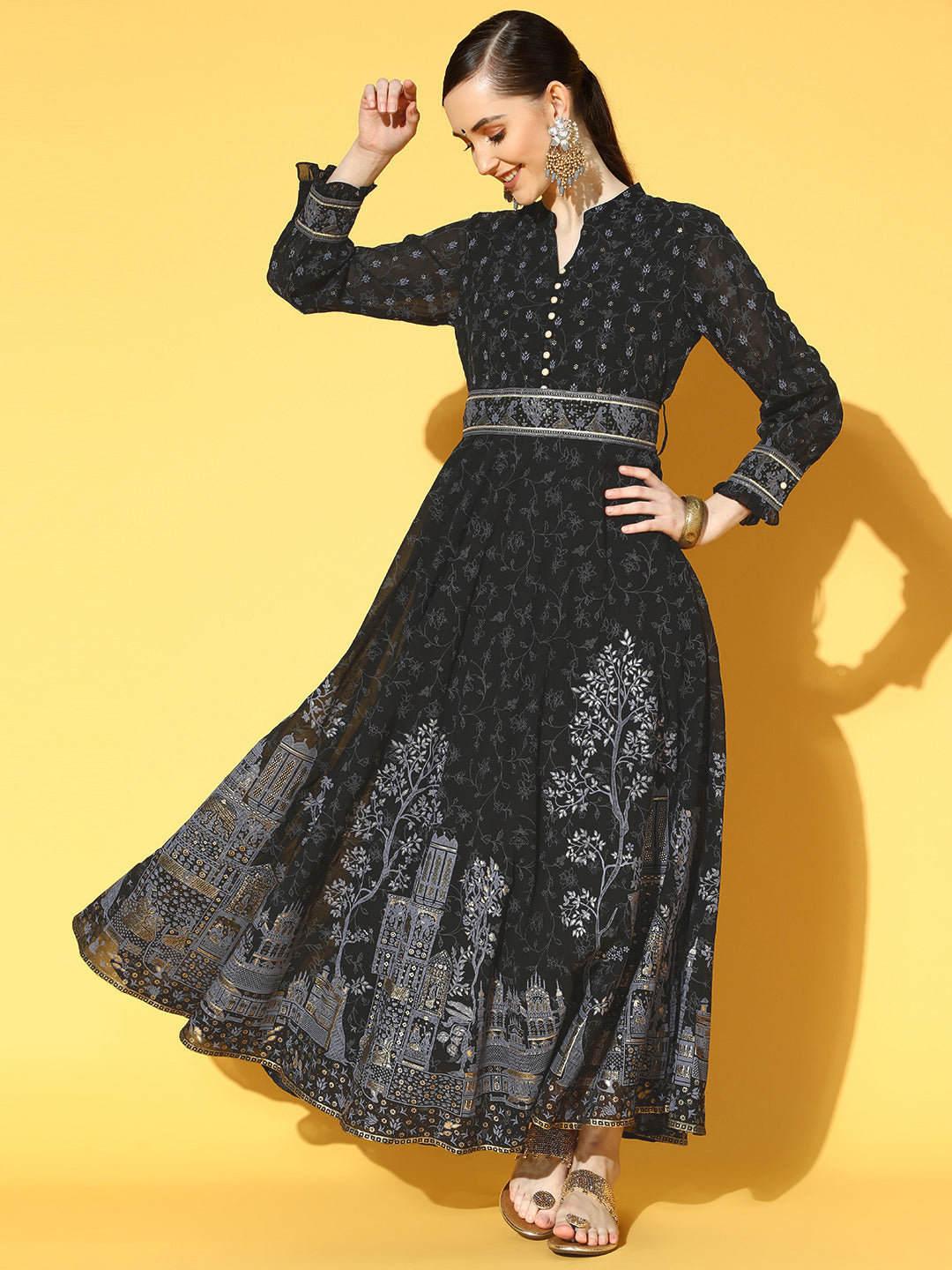 Juniper Women Black Georgette Printed Flared Dress - Distacart