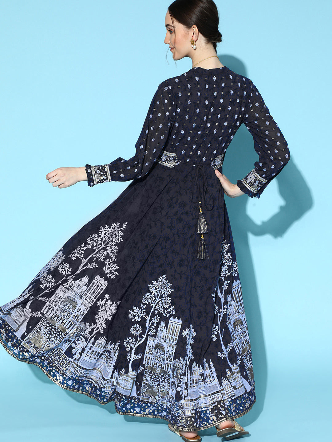 Juniper Women Indigo Georgette Printed Flared Dress - Distacart