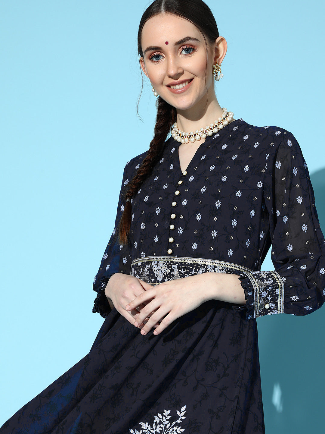 Juniper Women Indigo Georgette Printed Flared Dress - Distacart