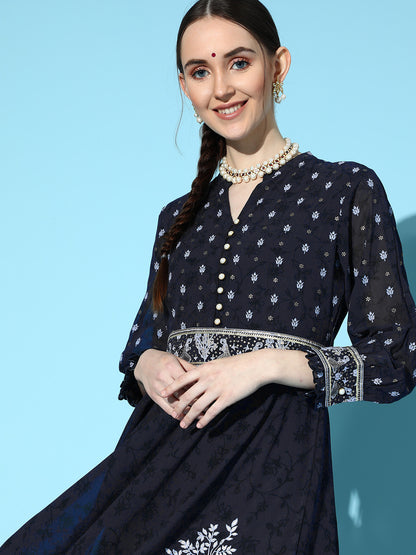 Juniper Women Indigo Georgette Printed Flared Dress - Distacart