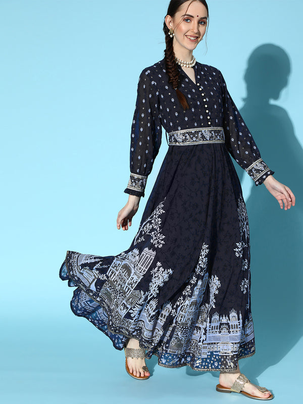 Juniper Women Indigo Georgette Printed Flared Dress - Distacart