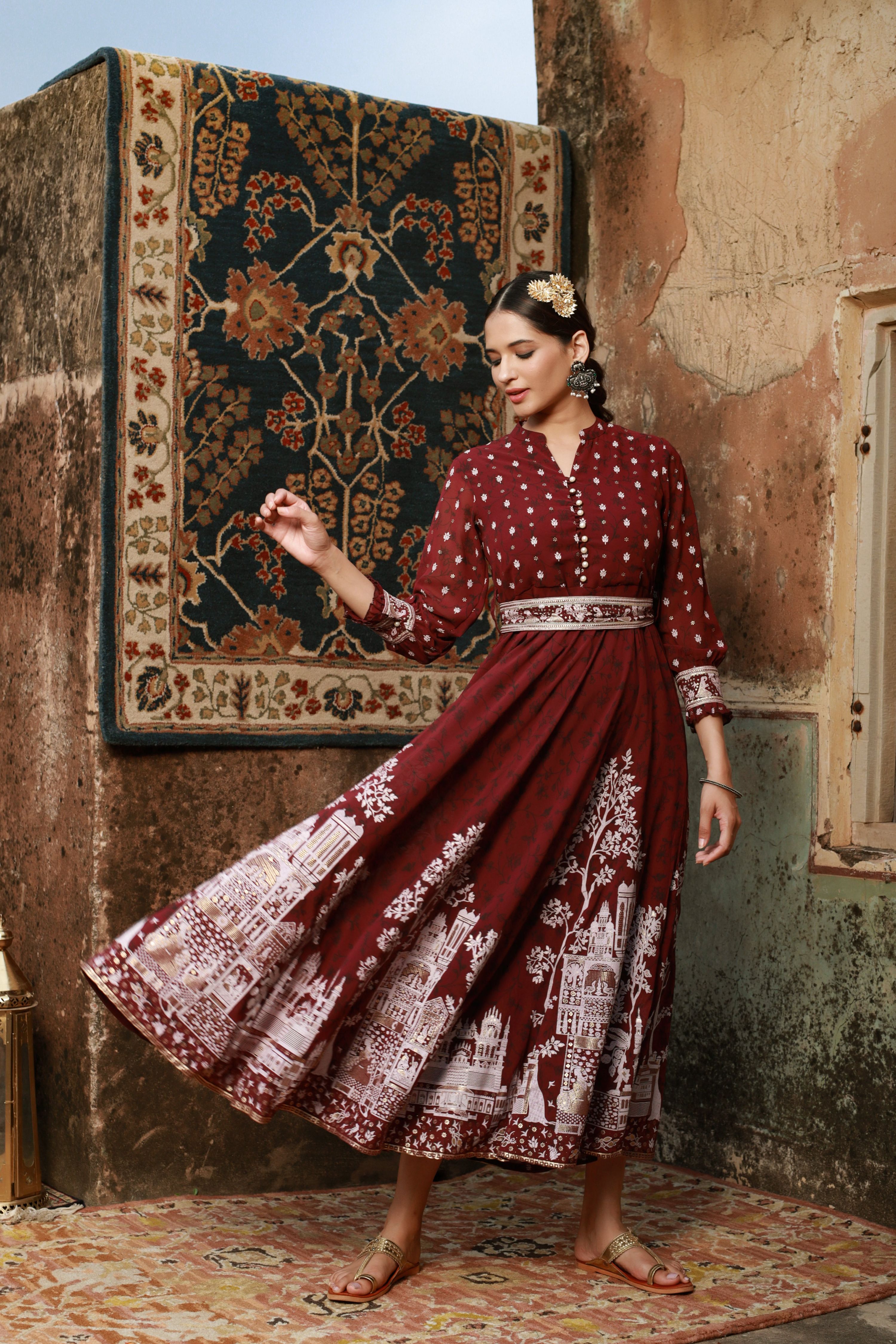 Juniper Women Wine Georgette Printed Flared Dress - Distacart