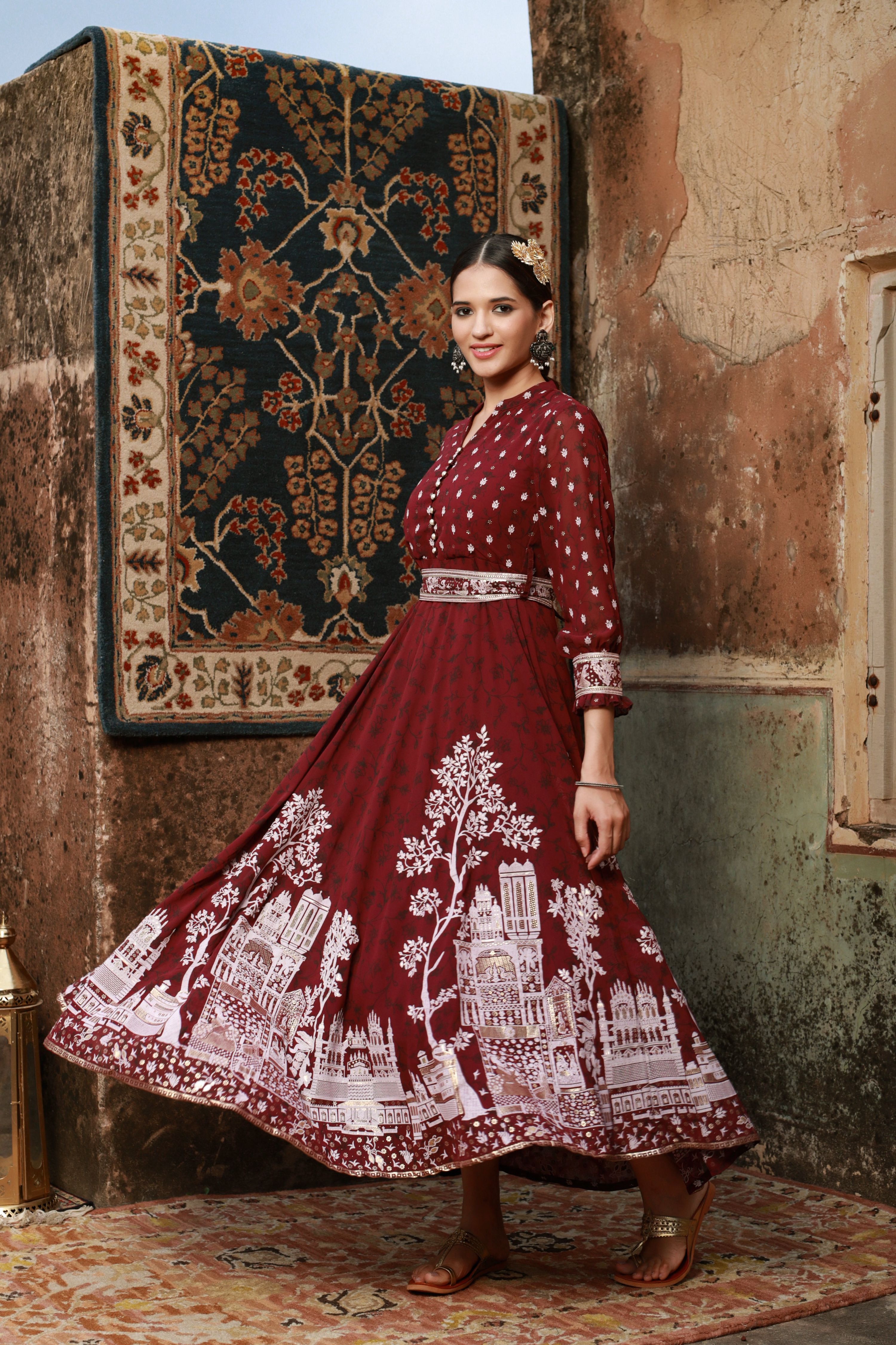 Juniper Women Wine Georgette Printed Flared Dress - Distacart