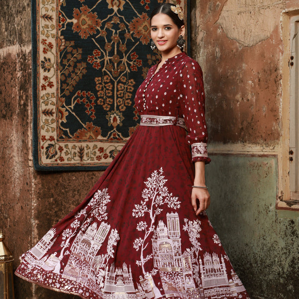 Juniper Women Wine Georgette Printed Flared Dress - Distacart