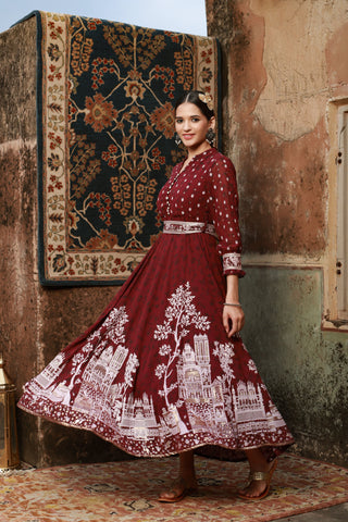 Juniper Women Wine Georgette Printed Flared Dress - Distacart