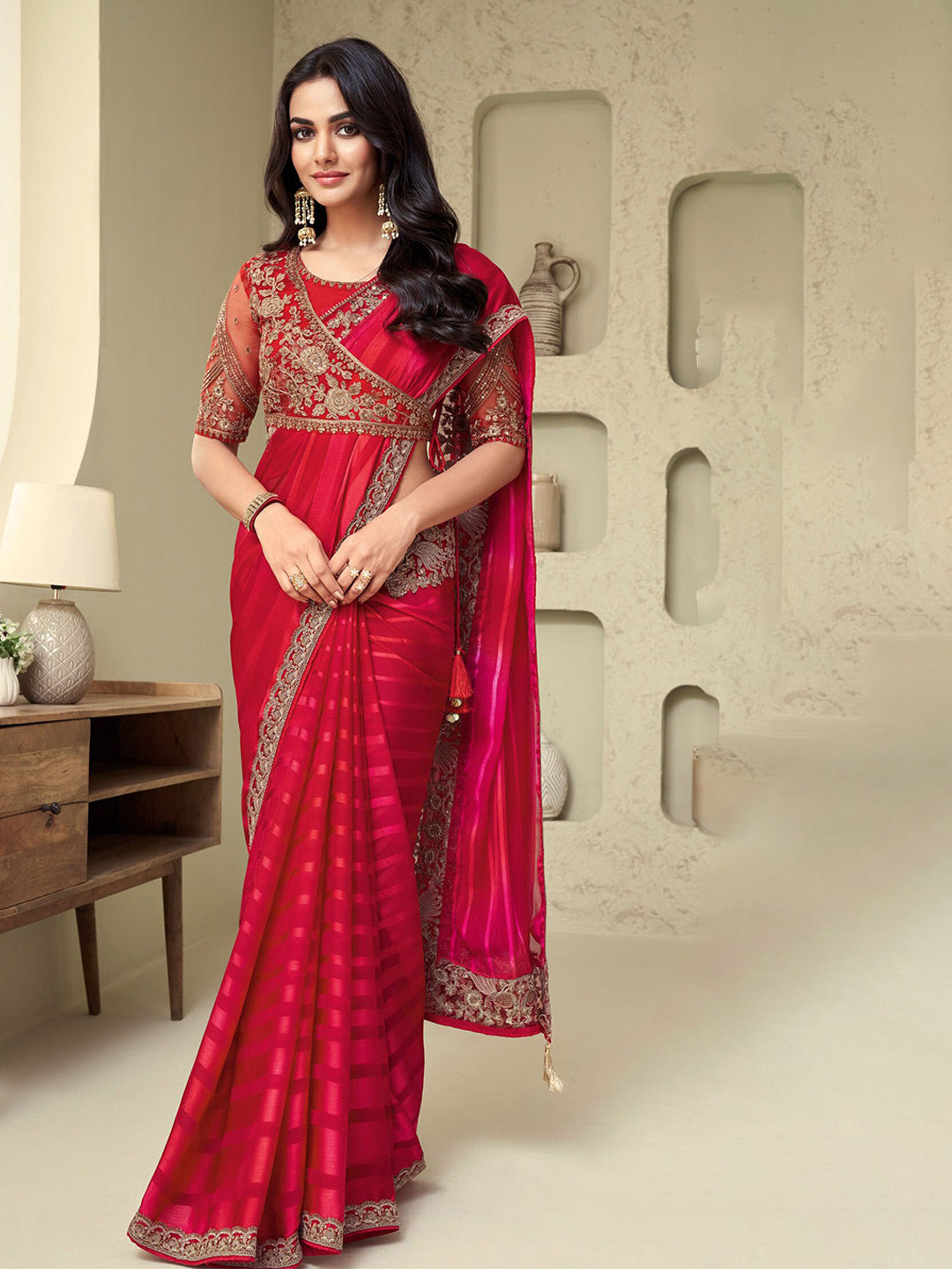 Mitera Striped Embroidered Saree - Distacart