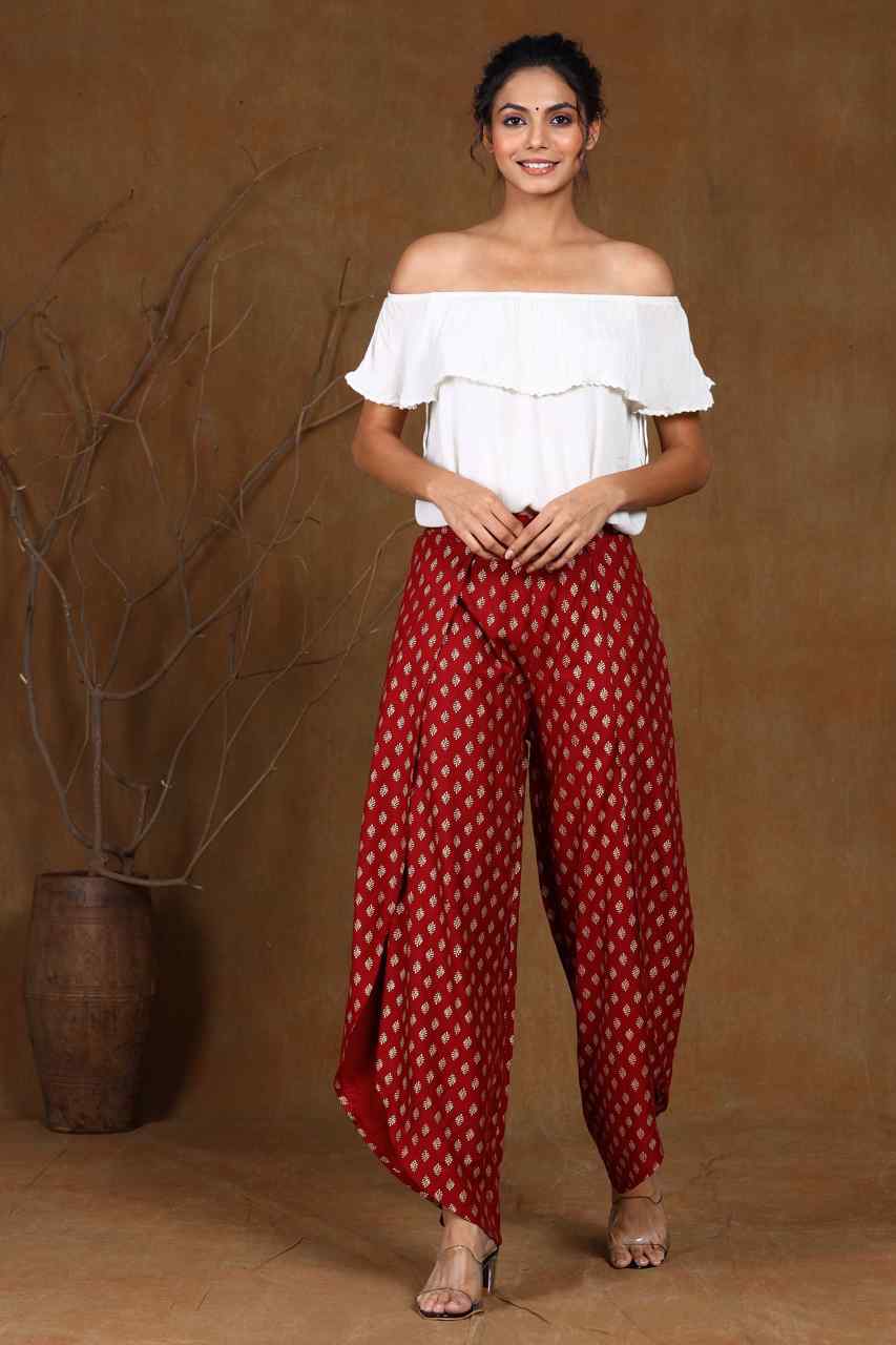 Juniper Women's Maroon Rayon Printed Tulip Dhoti Pant - Distacart