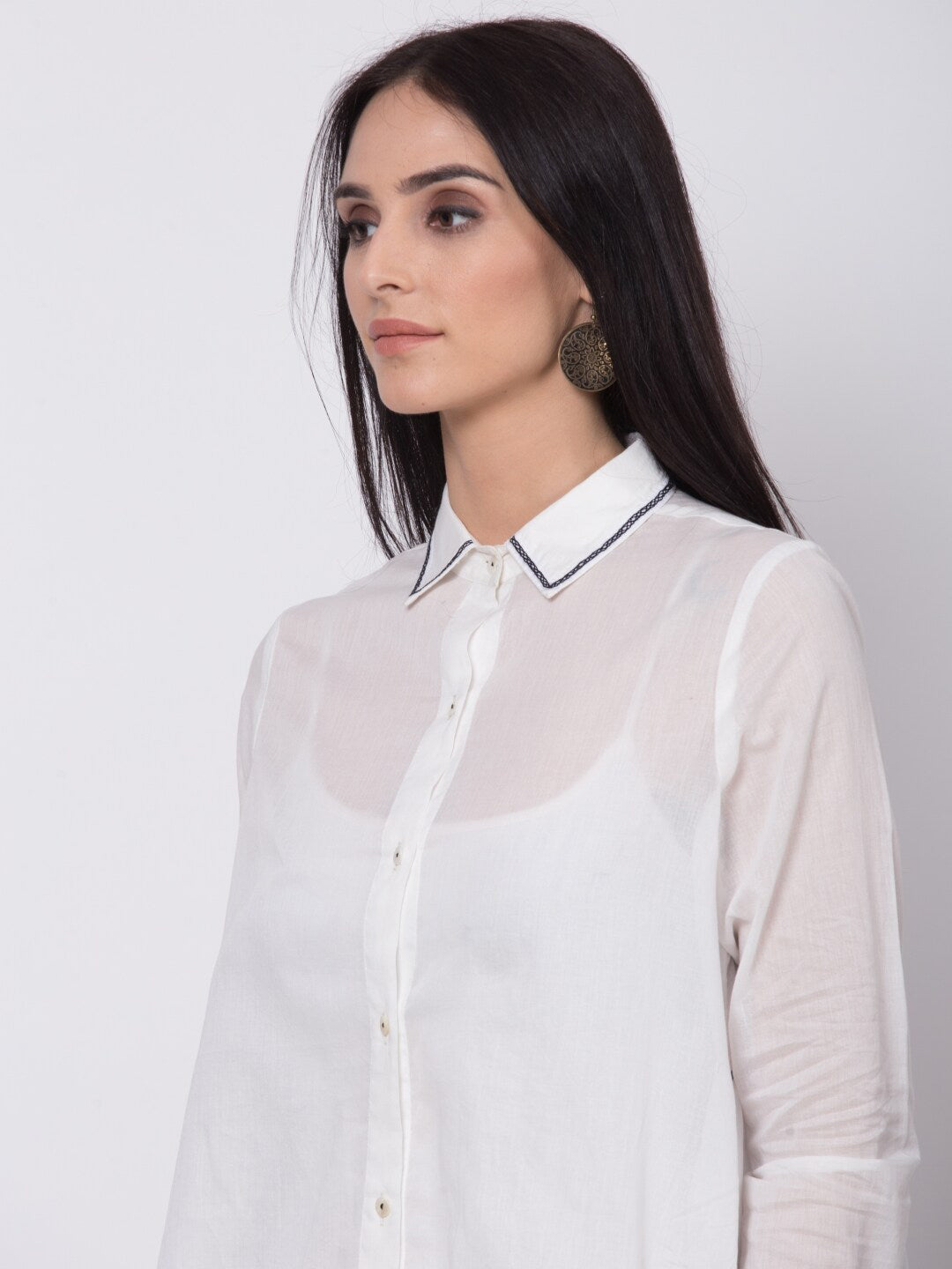 Biba Women White & Black Solid A-Line Shirt Collar Kurta - Distacart