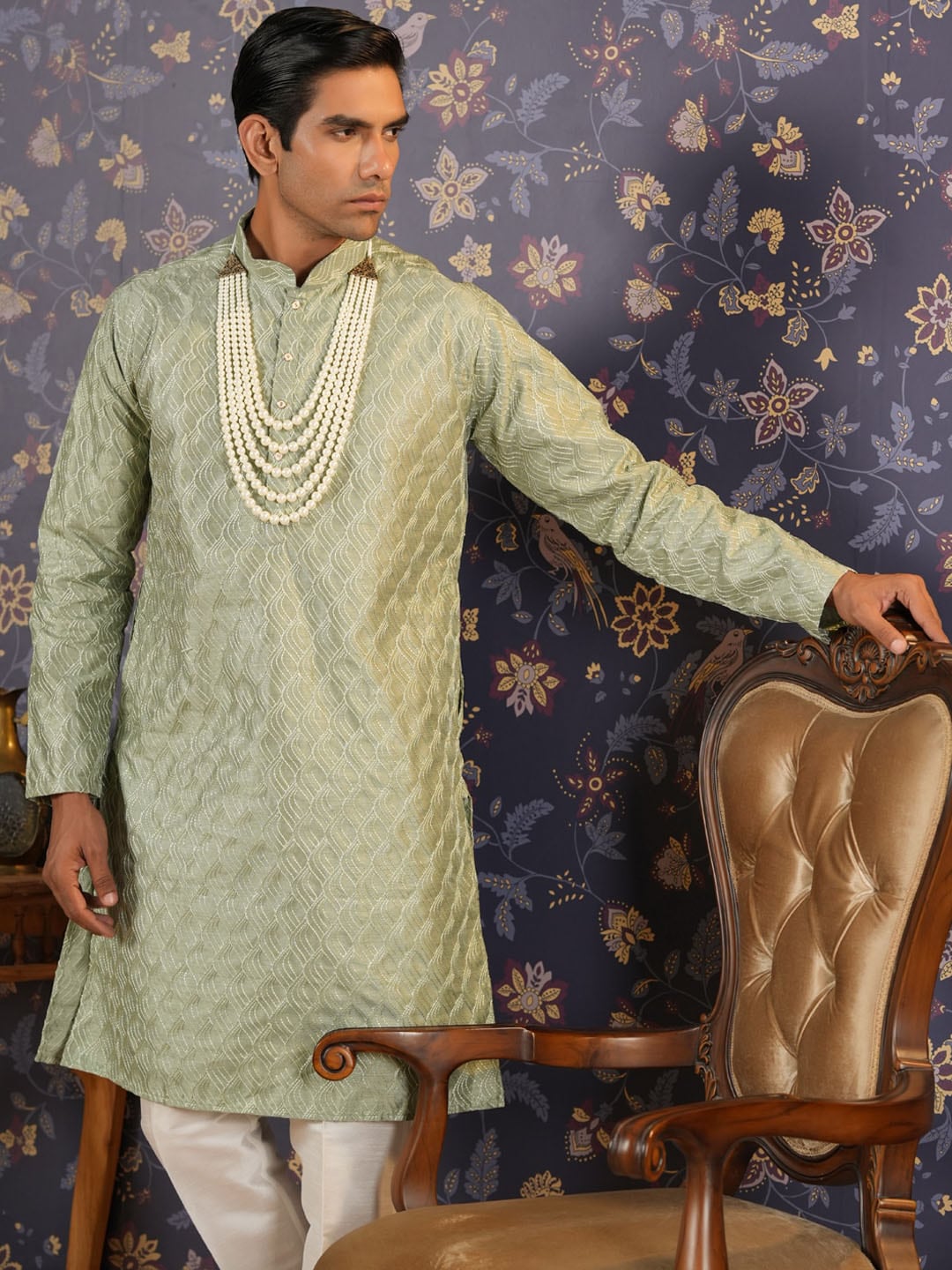 House of Pataudi Ethnic Motifs Embroidered Mandarin Collar Straight Kurta With Trouser - Distacart