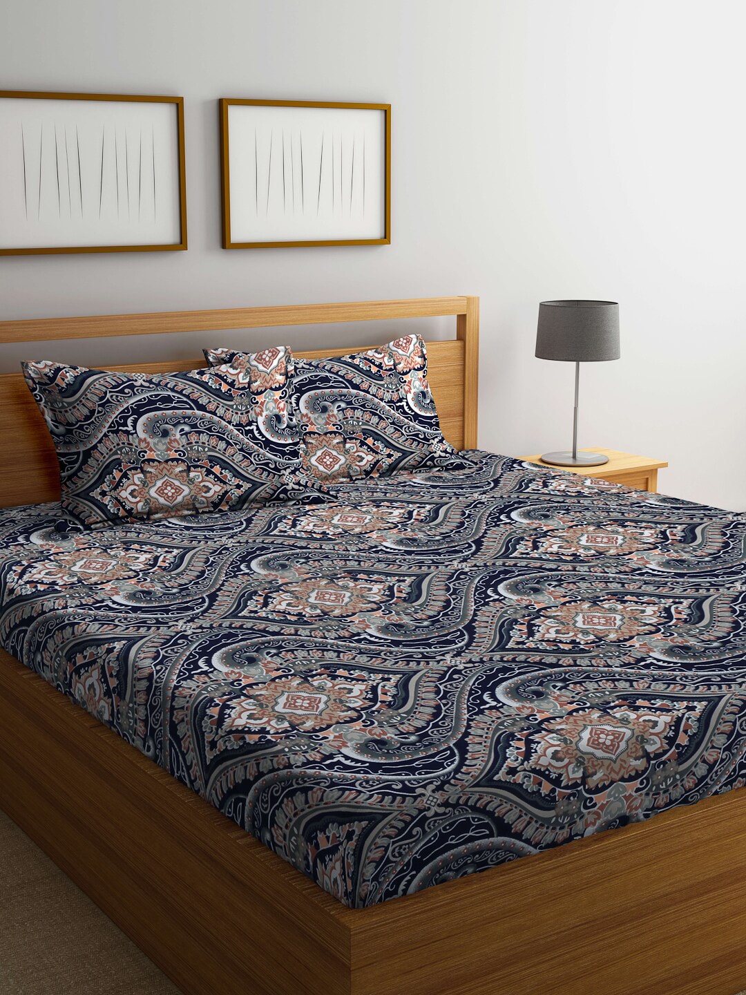 KLOTTHE Blue & Brown Ethnic Motif Printed 300 TC Fitted King Bedsheet With 2 Pillow Covers - Distacart