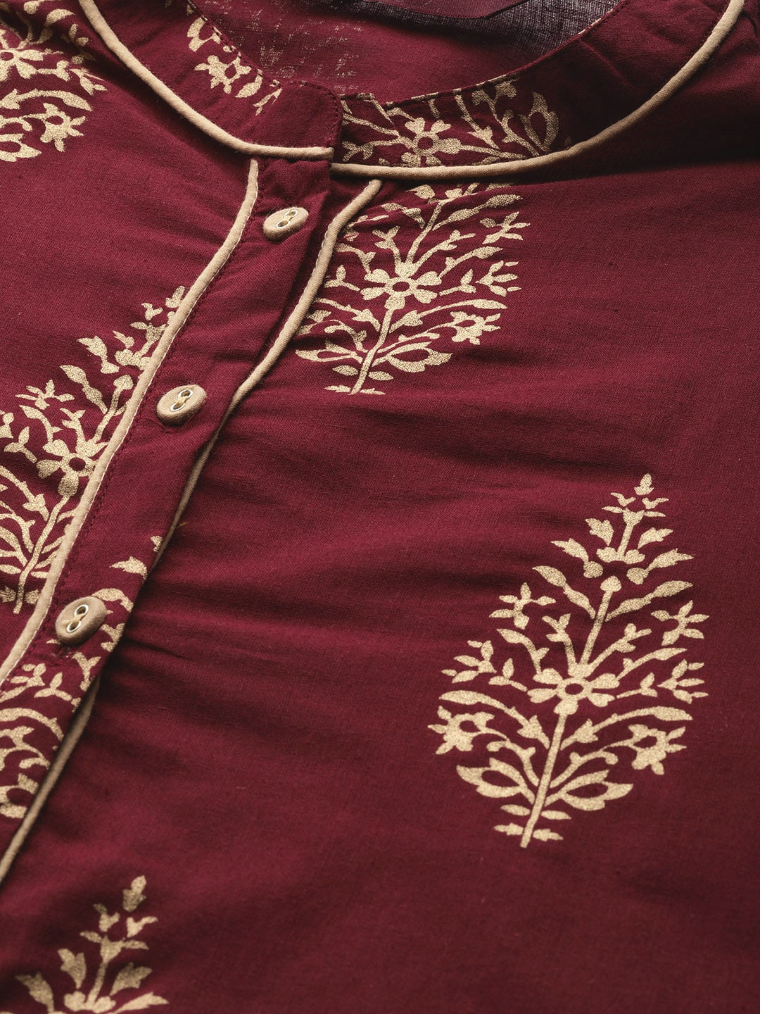 Sangria Women Maroon & Golden Pure Cotton Printed Kurta with Palazzos - Distacart