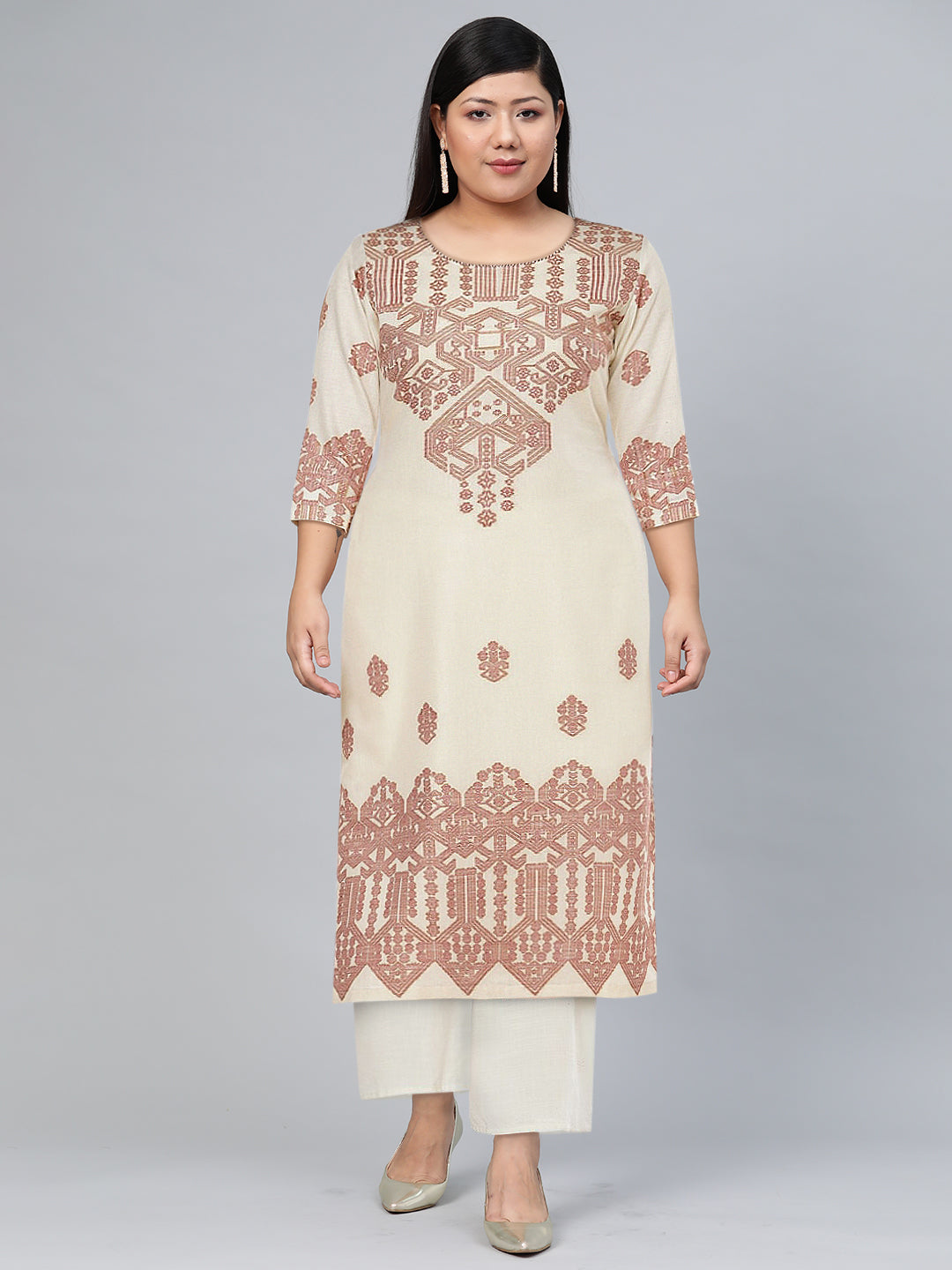 Biba Women Off White Ethnic Motifs Printed Mirror Work Jacquard Anarkali Kurta - Distacart
