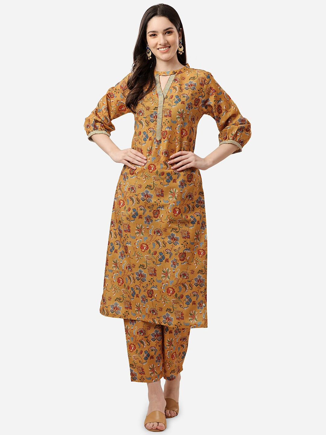 HERE&NOW Women Mustard Yellow Floral Printed Kurti with Trousers - Distacart