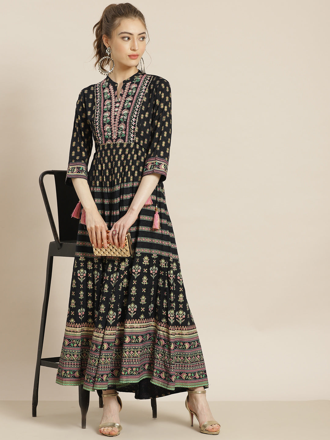 Juniper Womens Dark Blue Foil Printed Circular Maxi Dress With Yoke Embroidery - Distacart