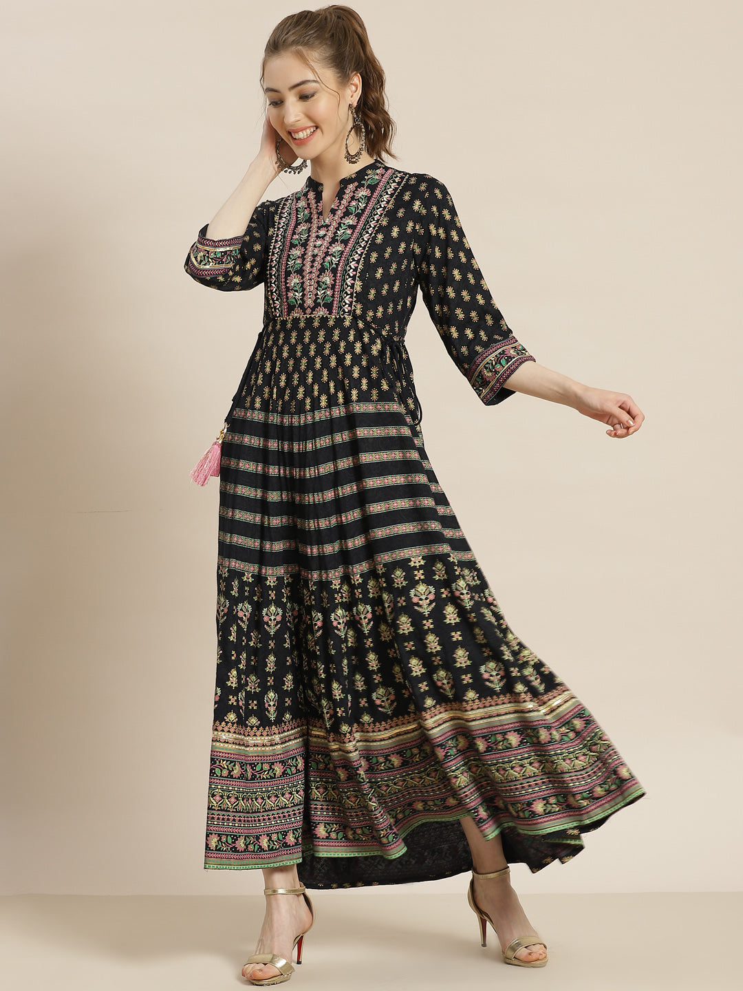 Juniper Womens Dark Blue Foil Printed Circular Maxi Dress With Yoke Embroidery - Distacart