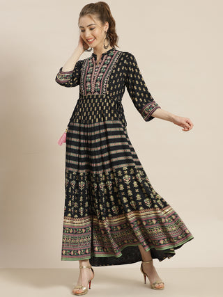 Juniper Womens Dark Blue Foil Printed Circular Maxi Dress With Yoke Embroidery - Distacart