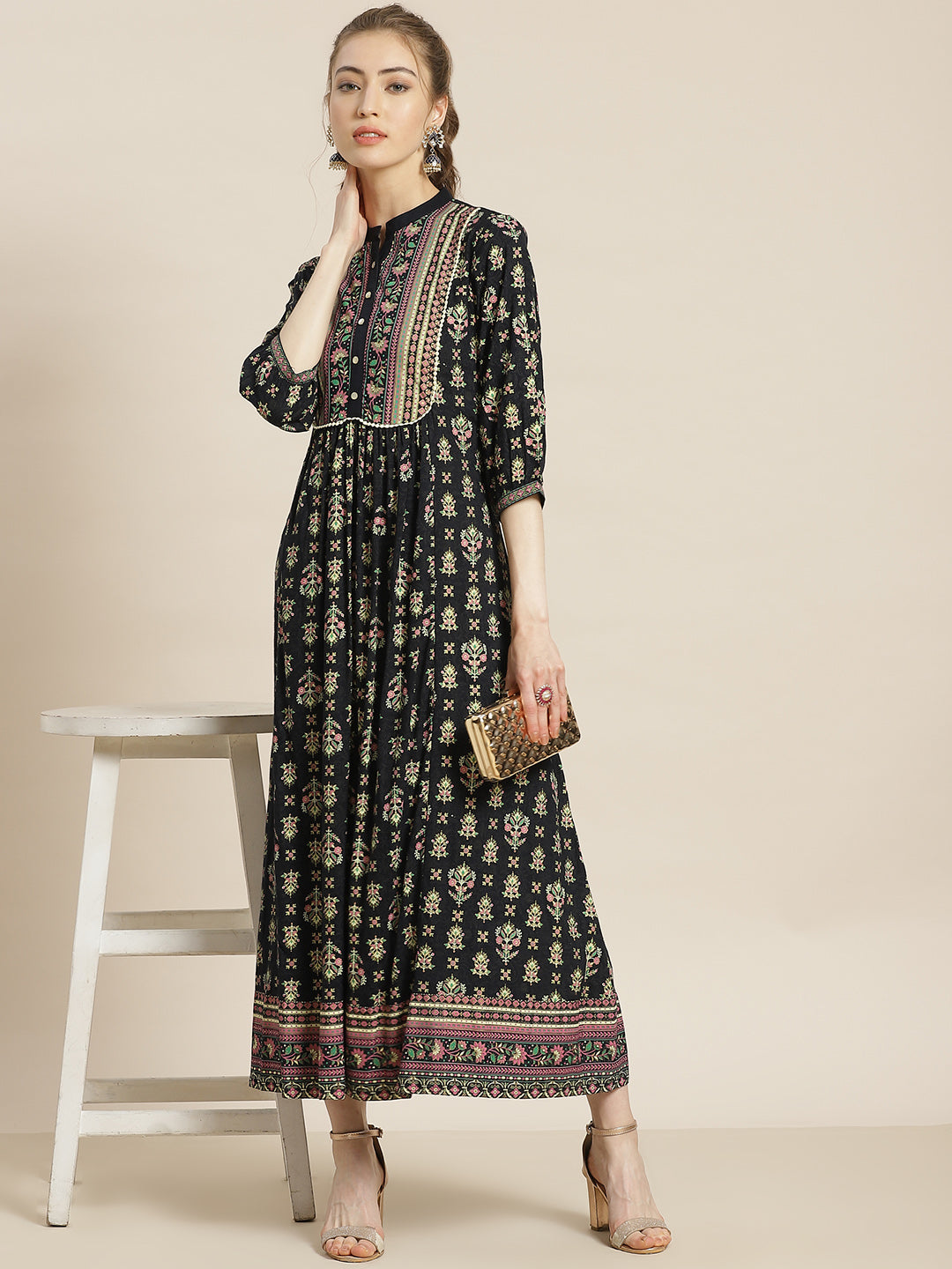 Juniper Womens Dark Blue Rayon Foil Printed Maxi Dress With Puff Sleeves And Button Closure - Distacart