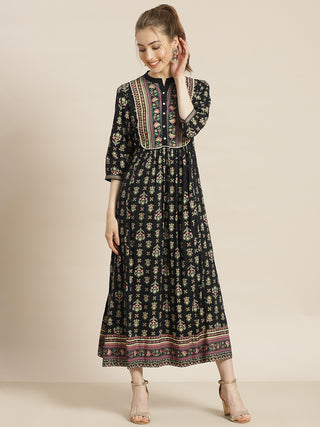 Juniper Womens Dark Blue Rayon Foil Printed Maxi Dress With Puff Sleeves And Button Closure - Distacart