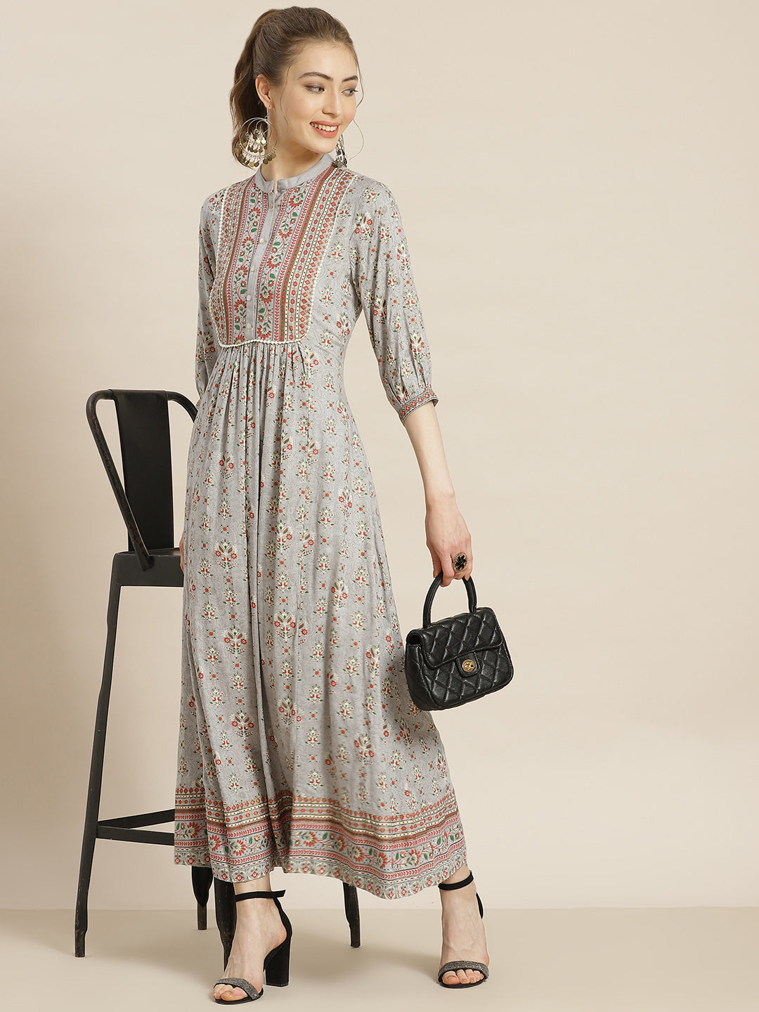 Juniper Womens Grey Rayon Foil Printed Maxi Dress With Puff Sleeves And Button Closure - Distacart