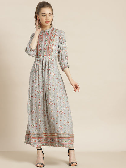 Juniper Womens Grey Rayon Foil Printed Maxi Dress With Puff Sleeves And Button Closure - Distacart