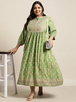 Thumbnail for Juniper Women`s Pista Green Rayon Fusion Wear Printed A-line Dress - Distacart