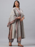 Thumbnail for Juniper Women`s Grey Rayon Daily Wear Printed A-line Kurta Sets - Distacart