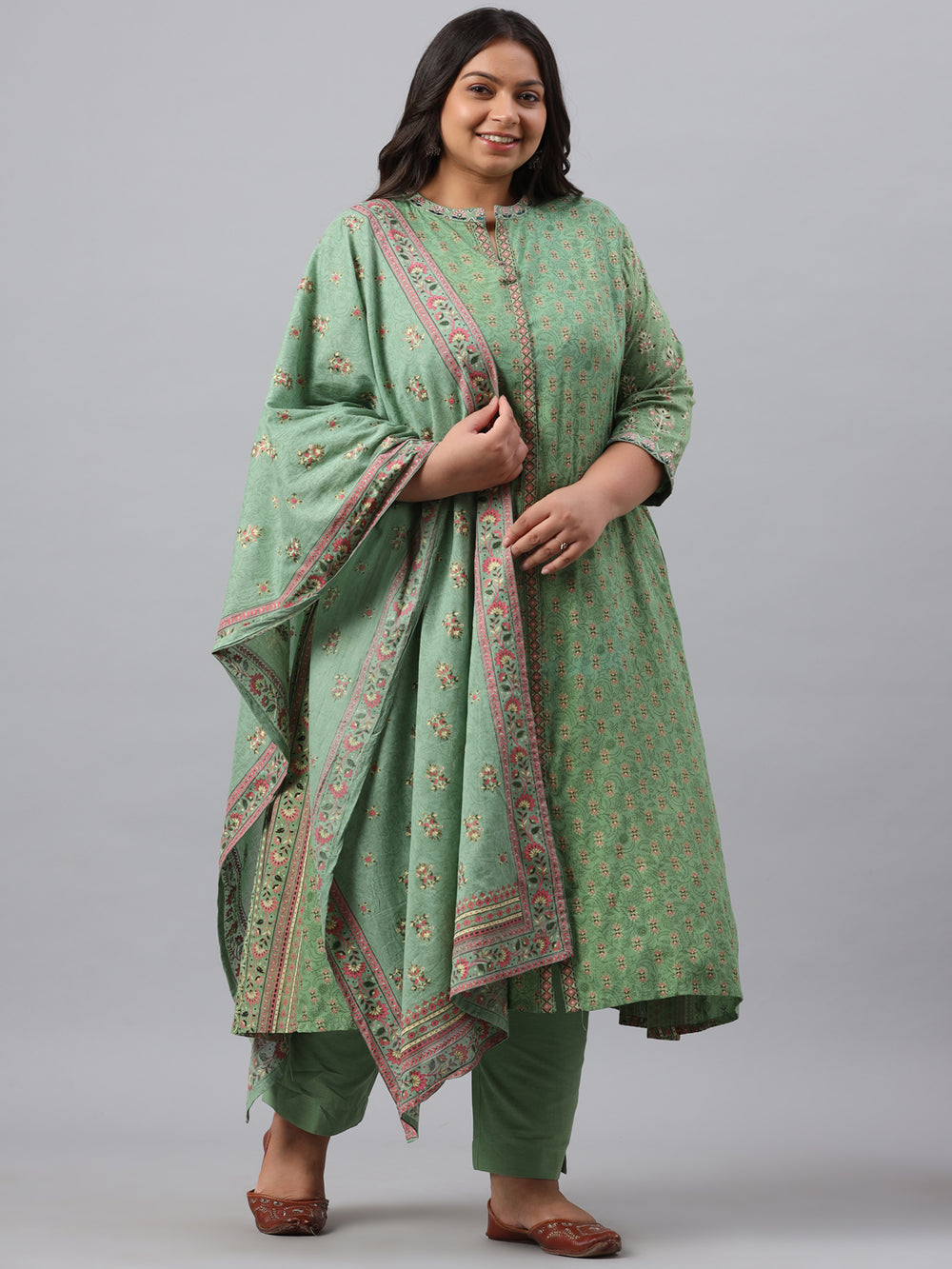 Juniper Women`s Pista Green Rayon Daily Wear Printed A-line Kurta Sets - Distacart