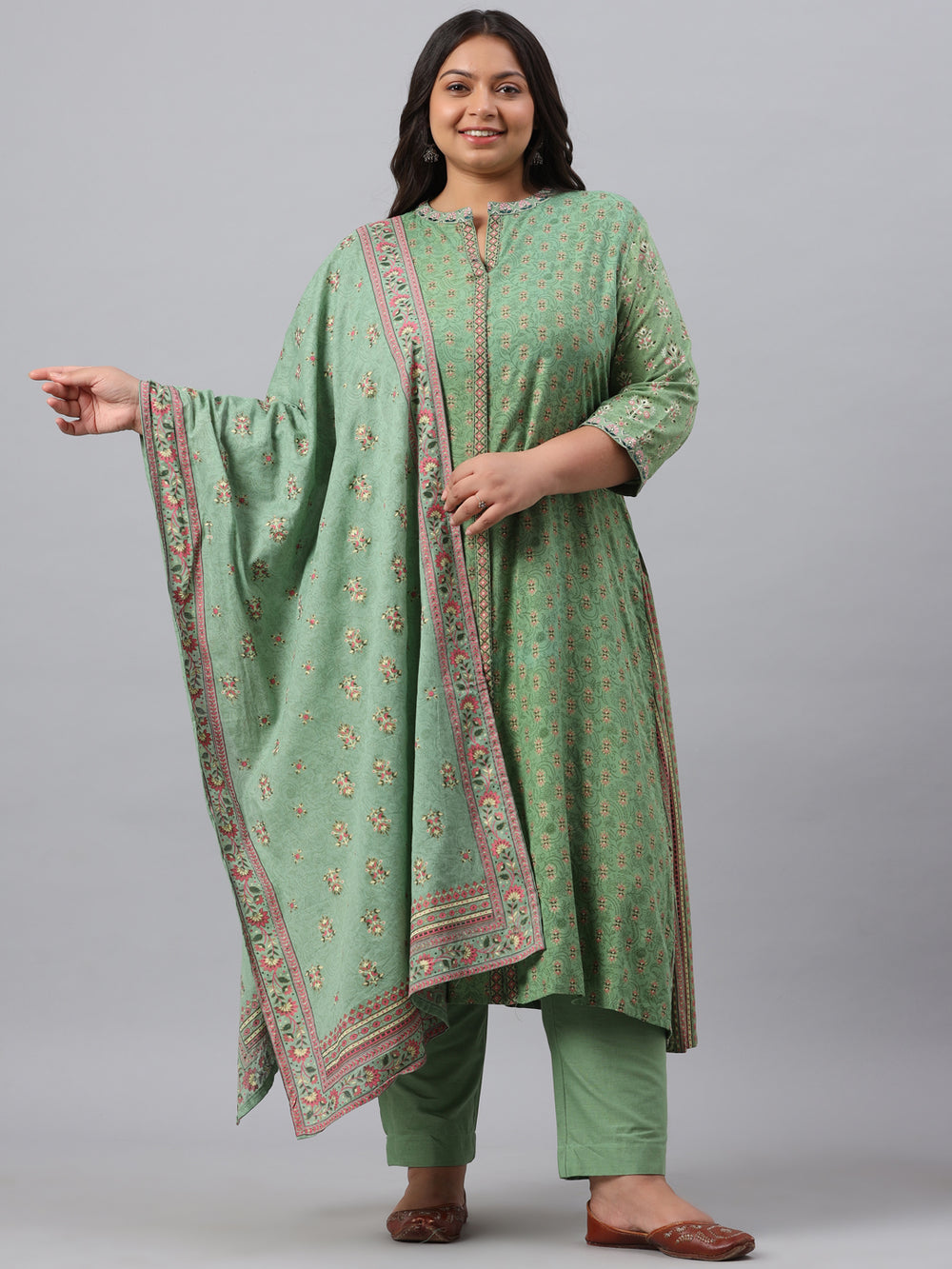 Juniper Women`s Pista Green Rayon Daily Wear Printed A-line Kurta Sets - Distacart