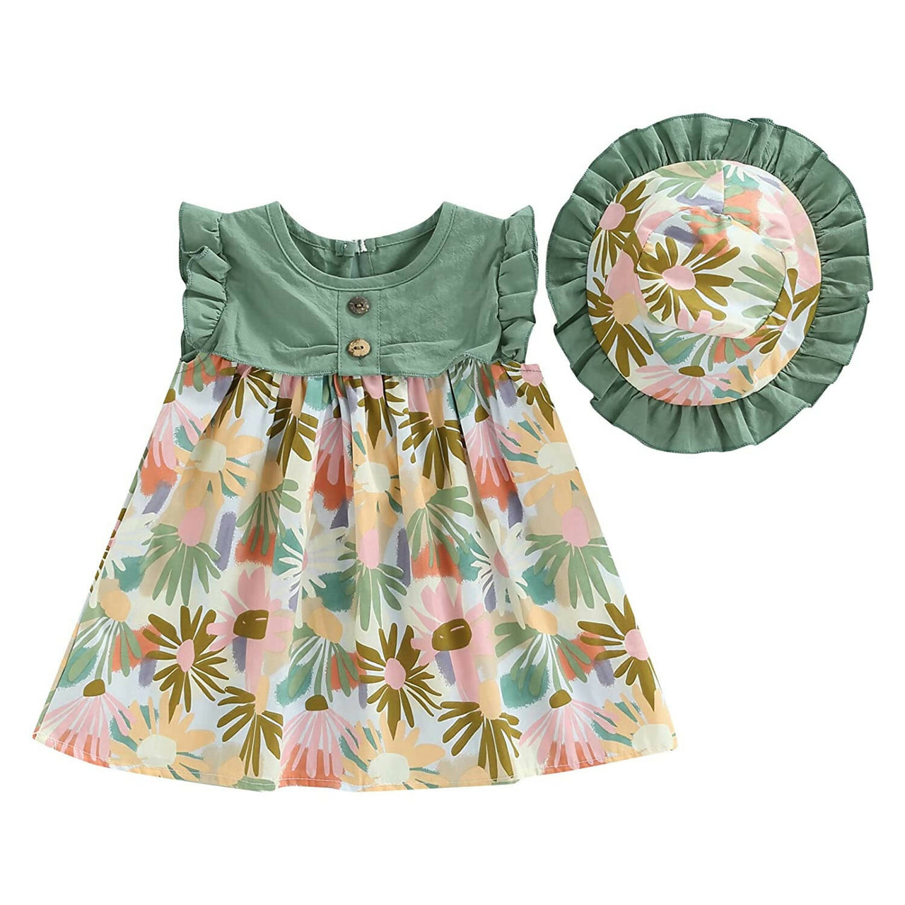 Bold N Elegant Cotton Floral Printed Ruffle Sleeve Princess Dress Frock With Fabric Hat Cap - Green - Distacart