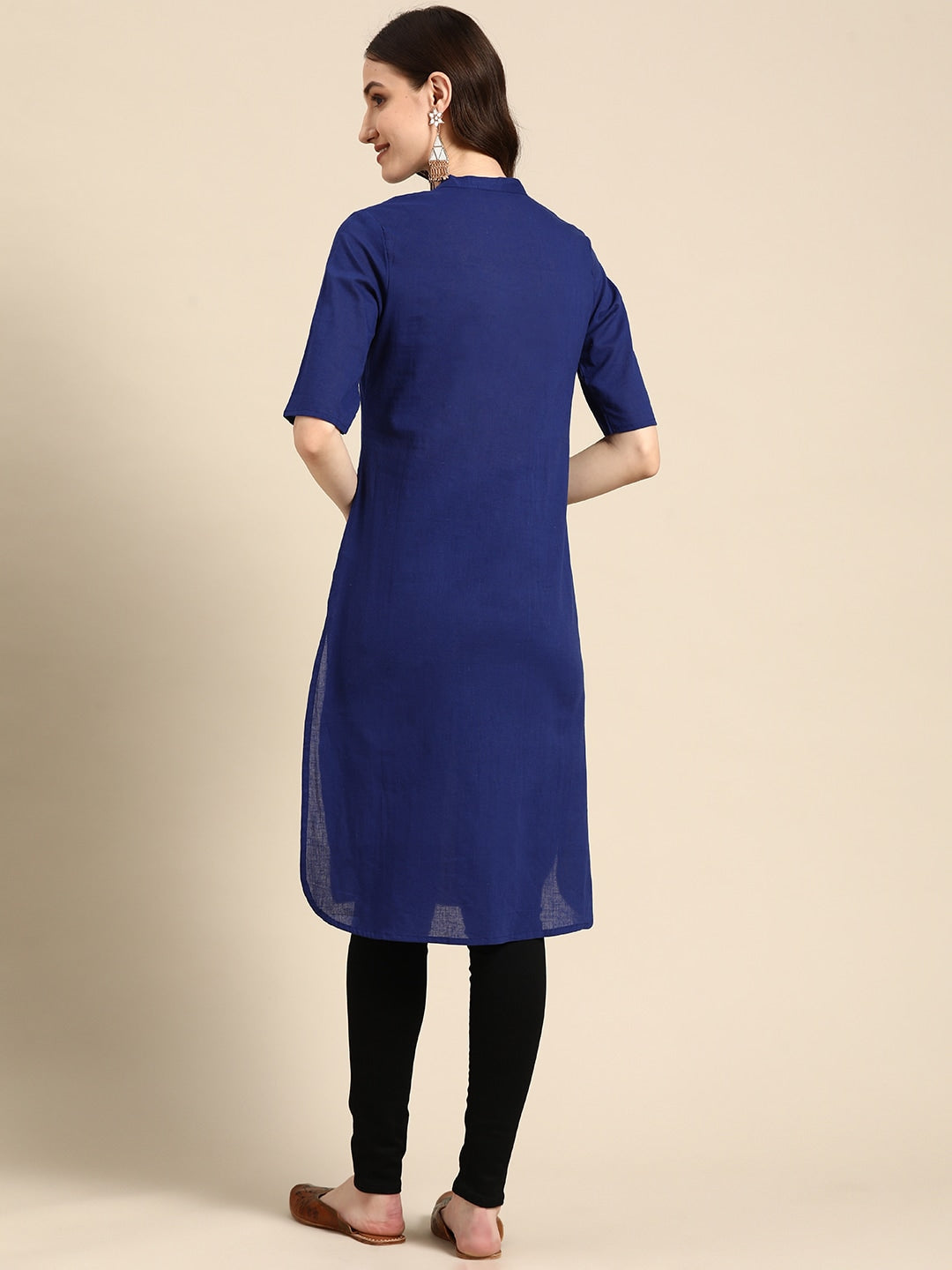 Sangria Women Solid Mandarin Collar Pure Cotton Indigo Kurta - Distacart