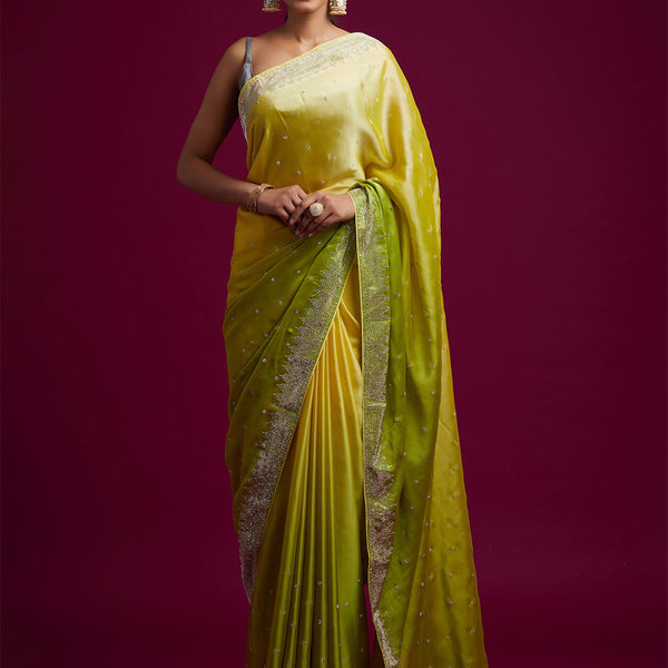Koskii Green & Yellow Ombre Embroidered Saree - Distacart