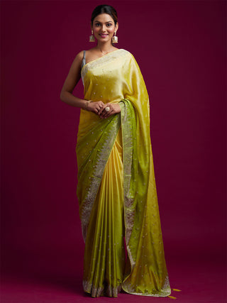 Koskii Green & Yellow Ombre Embroidered Saree - Distacart