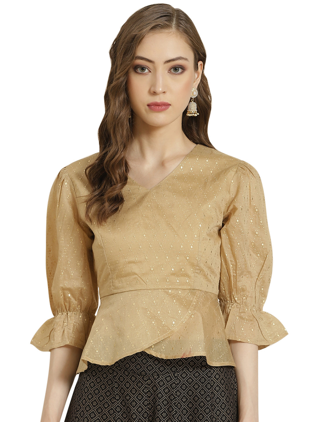 Juniper Women Gold Chanderi Silk Printed Peplum Blouse - Distacart