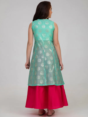 NOZ2TOZ Sea Green & Pink Printed Foil Print Ready to Wear Lehenga Choli For Girls - Distacart
