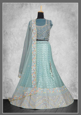 Sky Blue Net Embroidery & Thread Work Bridal lahenga Choli with Dupatta - Nimaya Pavitra Rista - Distacart
