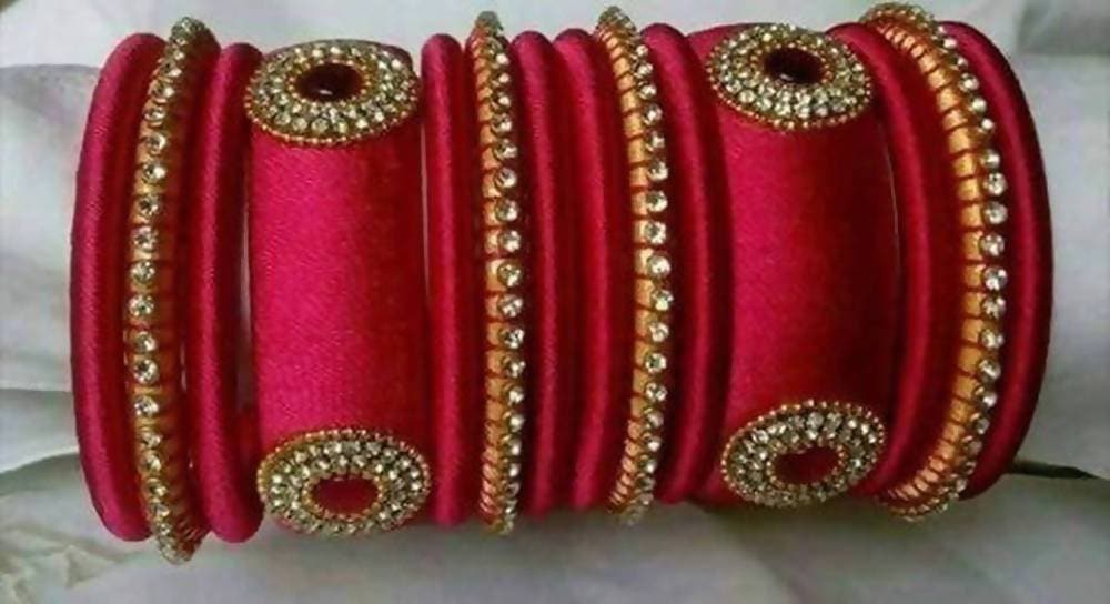 Pure Pink Silk Threaded Designer Stone Bangles Set of 2